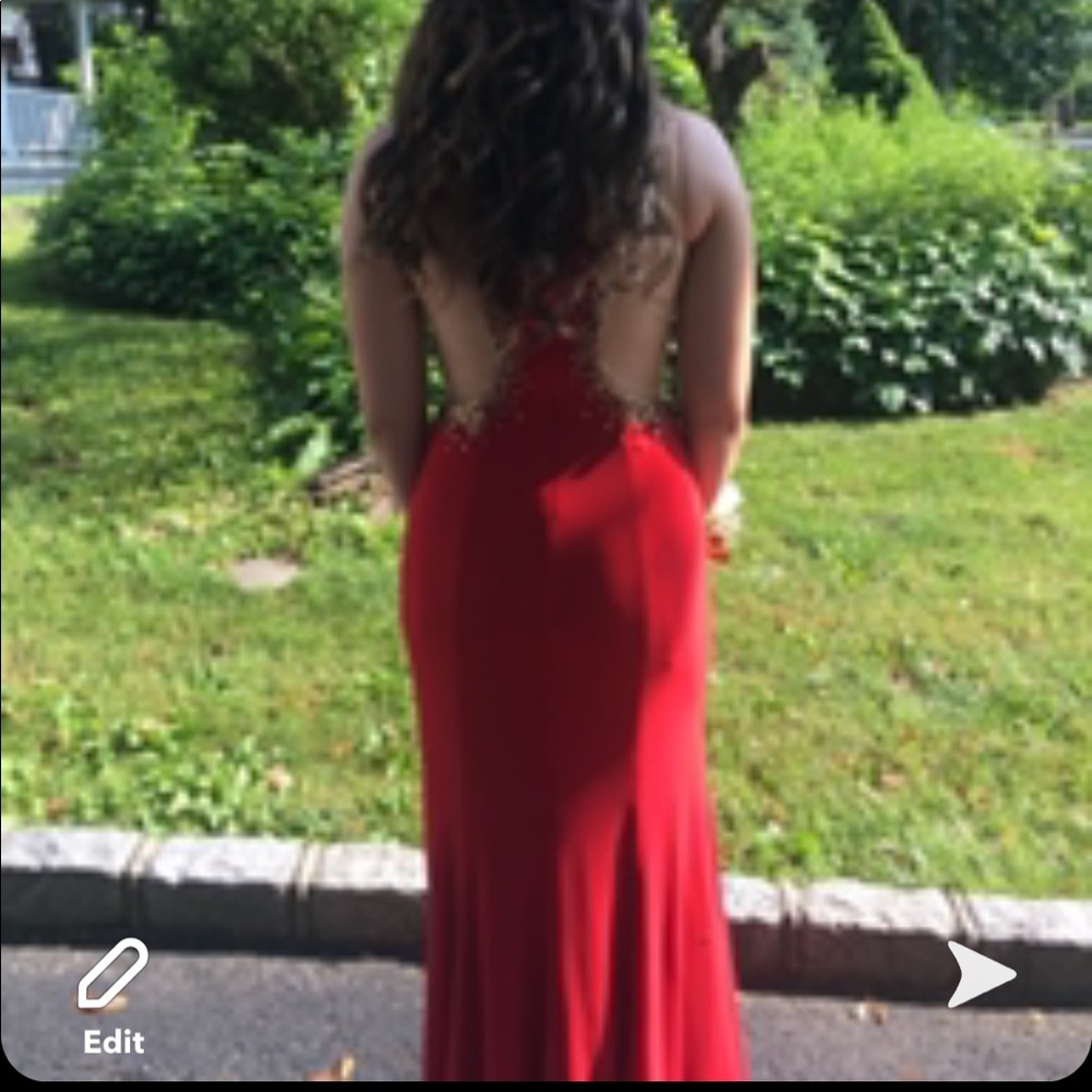GLS Red With Gold Beads Long Prom Dress With Slit - Picture 3 of 14